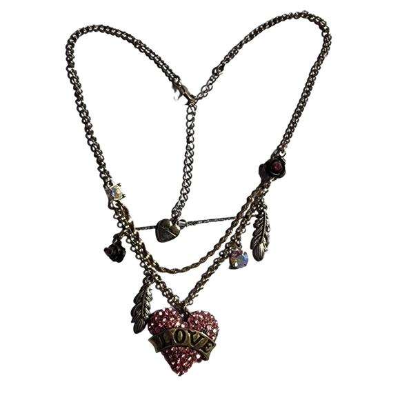 Betsey Johnson Lady Luck Pave Heart Necklace with Charms B0656-N01 - Picture 1 of 5